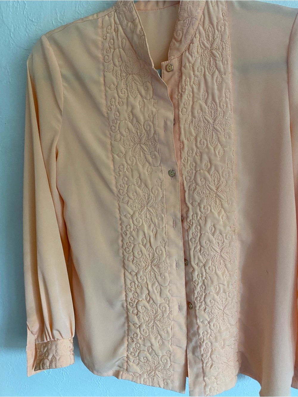 Vintage Embroidered Peach Button-Down Blouse for Women